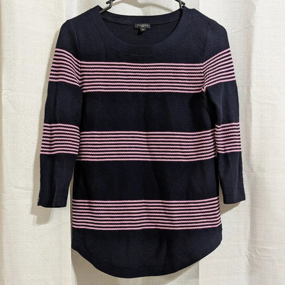 Talbots Striped Sweater Black Purple 3/4 Sleeves Petite P Colorblock Knitwear